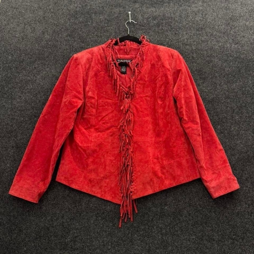 Dialogue Red Leather Fringe Jacket Womens Medium Western Boho Statement Coat